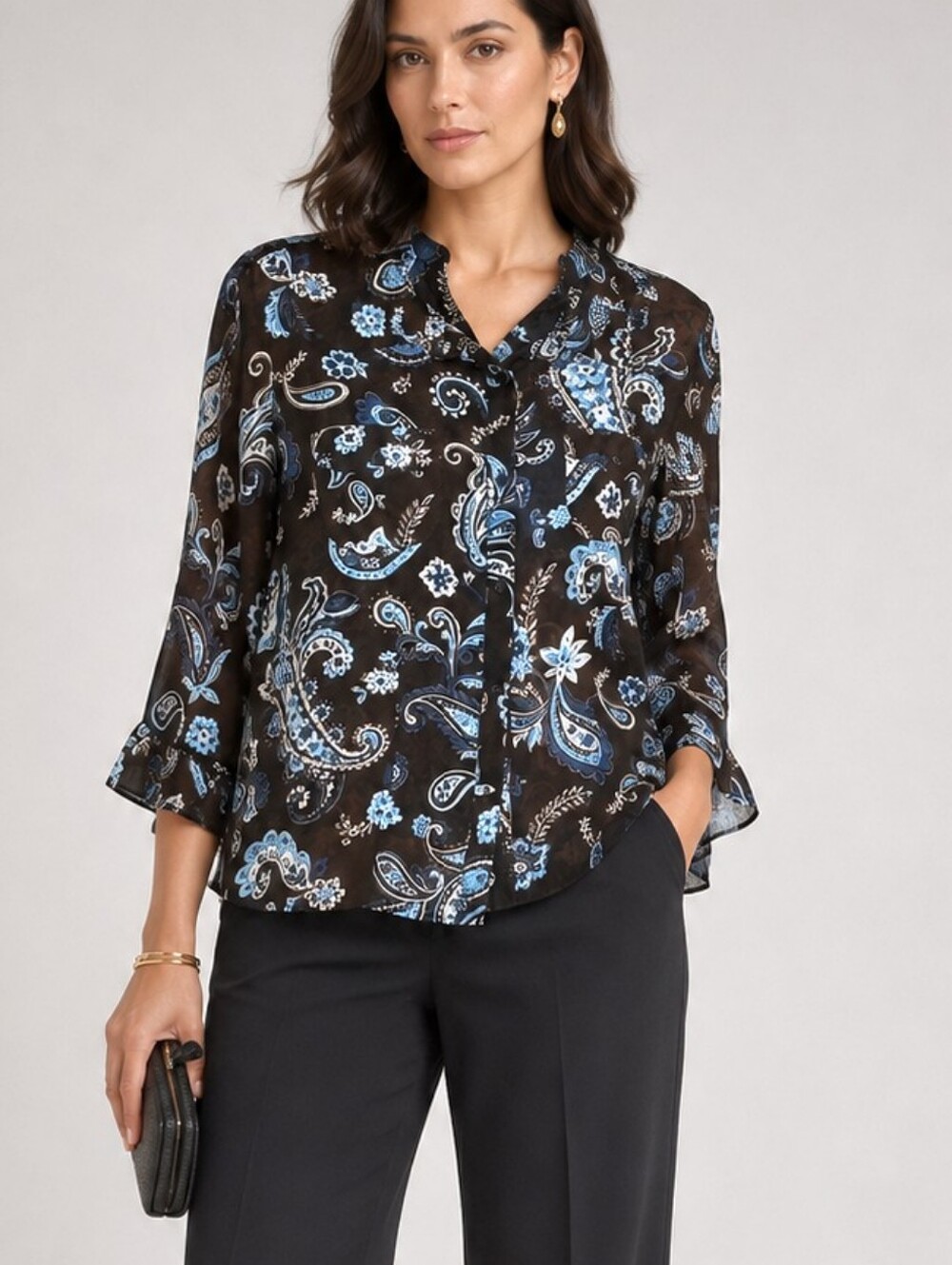 Croft & Barrow Brown Blue Paisley button down shirt  semi-sheer